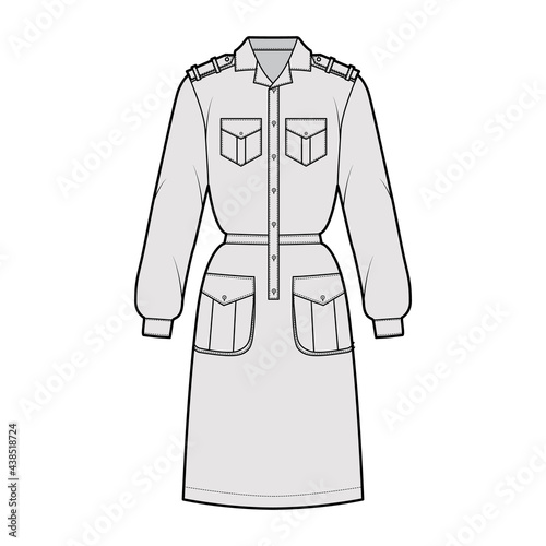 Dress safari technical fashion illustration with long sleeves with cuff, flap cargo pockets, epaulettes, fitted body, knee length. Flat apparel front, grey color style. Women, men unisex CAD mockup