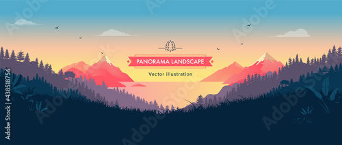 Beautiful panorama vector landscape illustration - Peaceful view over mountains, ocean and forest. Travel, hiking, outdoors and adventure background or wallpaper.