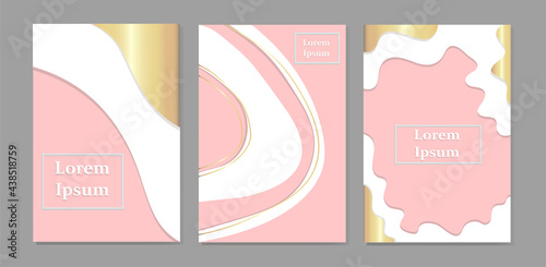 Set of minimalistic pink abstract backgrounds with white and golden elements.