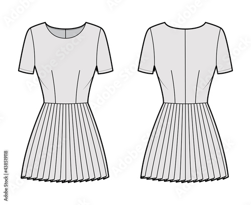 Dress pleated technical fashion illustration with short sleeves, fitted body, mini length skirt. Flat apparel front, back, grey color style. Women, men unisex CAD mockup