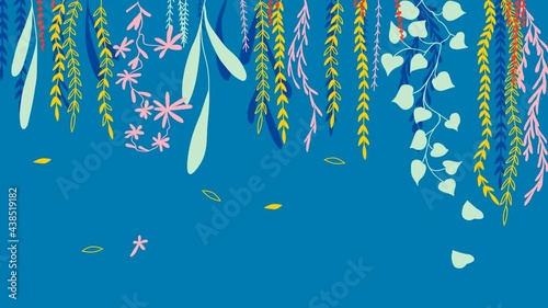 Animation with hang on plants leaves botanical patterns cartoon style with floating leaf