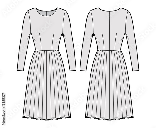 Dress pleated technical fashion illustration with long sleeves, fitted body, knee length skirt. Flat apparel front, back, grey color style. Women, men unisex CAD mockup