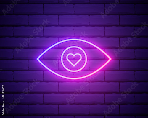 Neon illustration of emoji eye in love. Vector icon of cartoon enamored emoji with heart eyes in outline neon style . Glowing emoticon isolated on brick wall