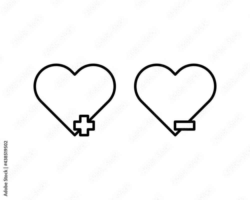 Pixel-perfect linear heart icons with plus and minus signs. The initial base line. In one-color variant. Editable strokes Pixel-perfect linear heart icons with plus and minus signs. The initial base line. In one-color variant. Editable strokes