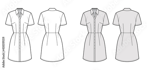 Dress shirt technical fashion illustration with short sleeves, fitted body, knee length pencil skirt, classic collar, button closure. Flat apparel front, back, white, grey color. Women, men unisex CAD