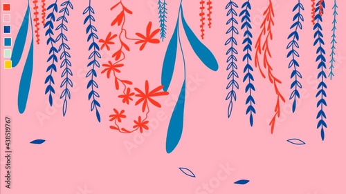 Animated pink background falling leaves looping animation with liana plants  