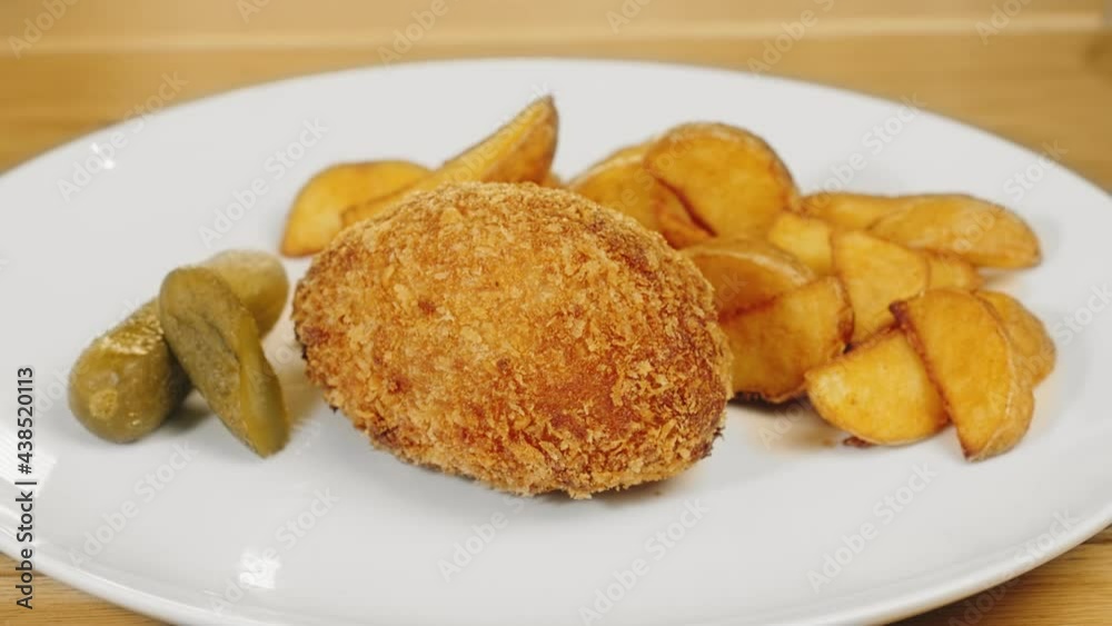 Fried potatoes with cutlet and pickles on whire plate Fried potatoes with cutlet and pickles on whire plate