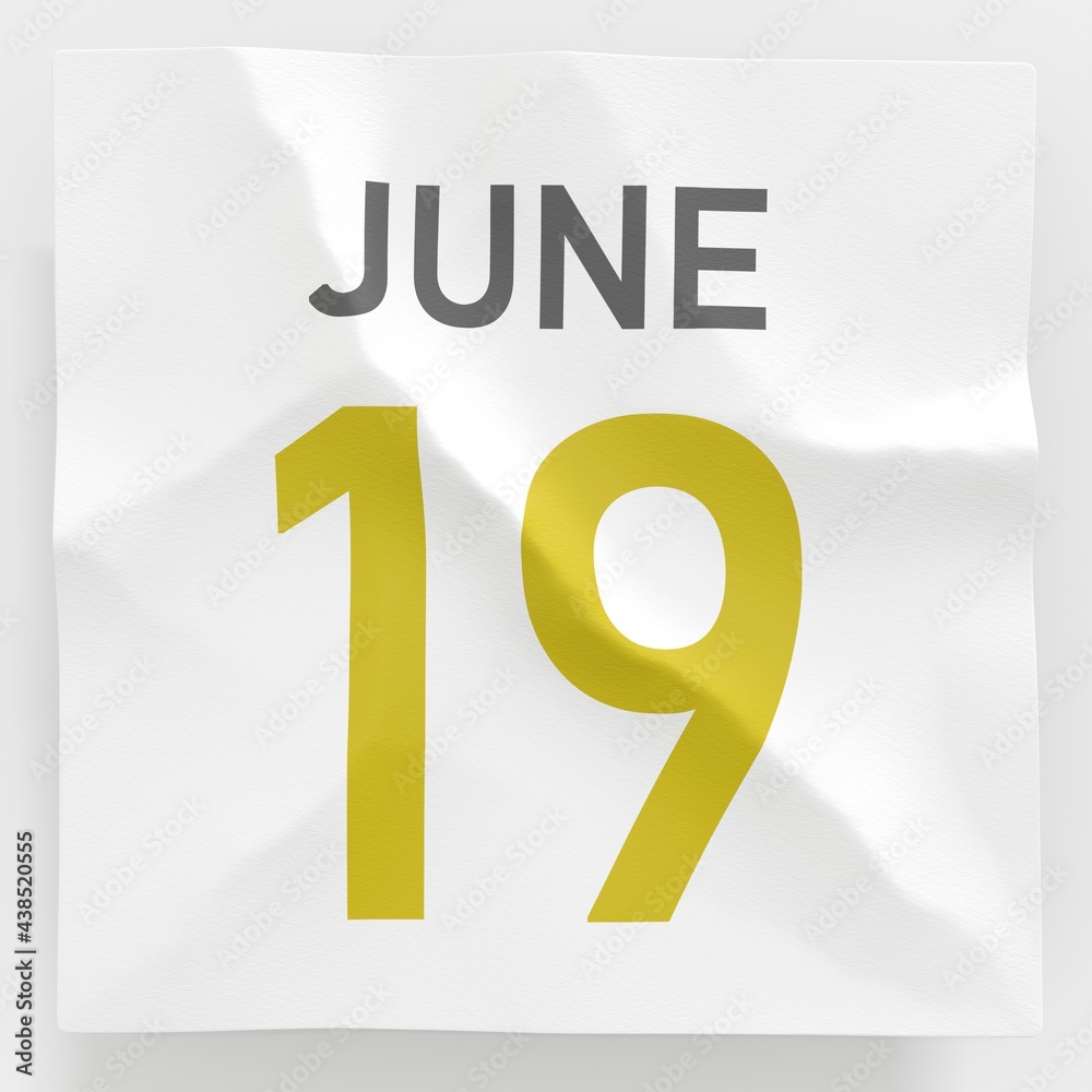 Fototapeta premium June 19 date on crumpled paper page of a calendar, 3d rendering
