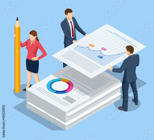 Isometric stack of documents. Bureaucracy concept. Data Analysis, Business Statistic, Management, Consulting, Marketing.
