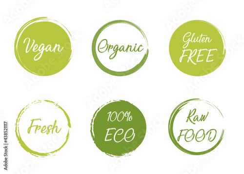 Vector green organic labels, bio emblems collection for menu or natural products packaging. Fresh vegan raw food eco friendly premium quality locally grown healthy food stickers on white.