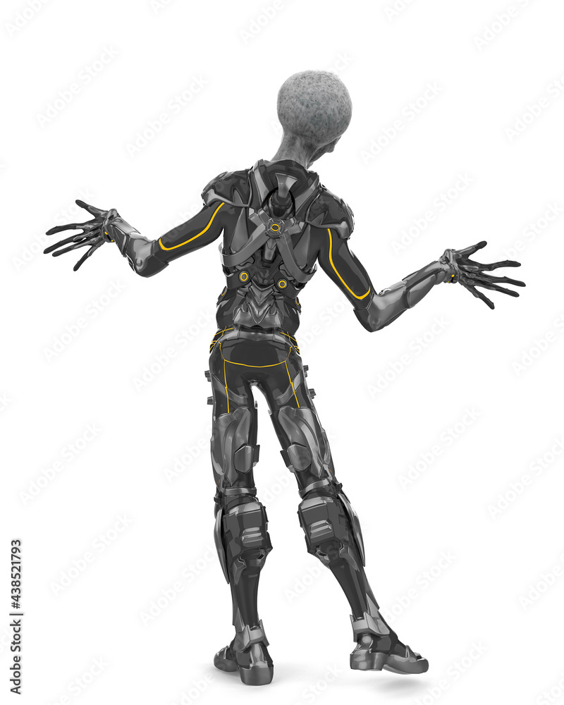 alien grey warrior is with arms wide open rear view