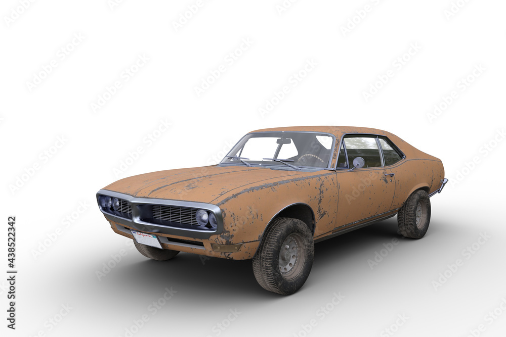 3D rendering of an old retro American muscle car with rusty yellow body isolated on white background.