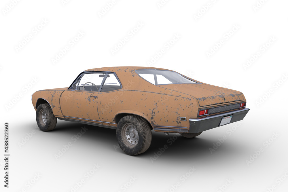 Rear view 3D rendering of an old retro American muscle car with rusty yellow body isolated on white background.