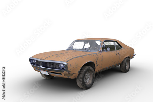 3D rendering of an old retro American muscle car with rusty yellow body isolated on white background.