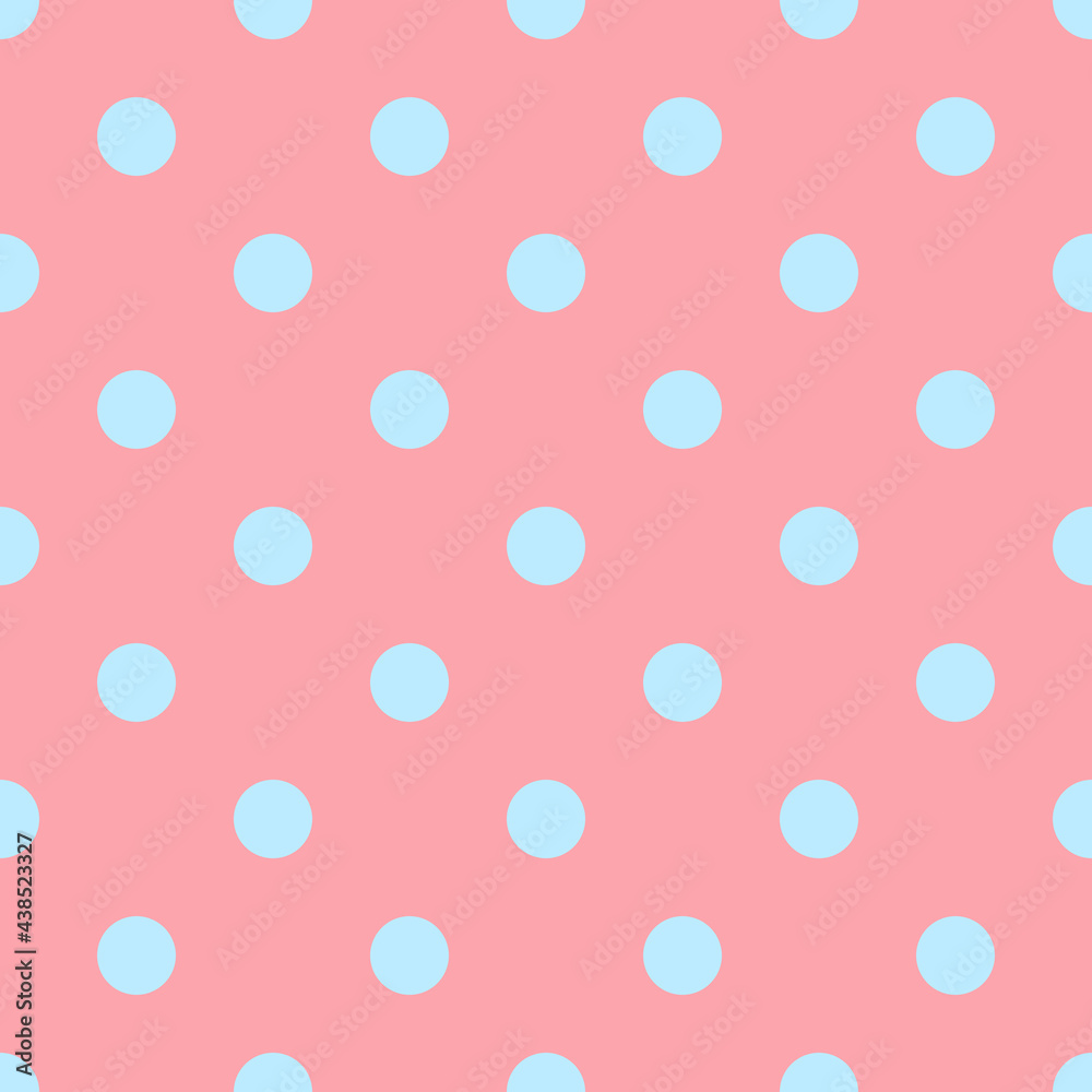 Seamless polka dots pattern of blue dots on a pink background.
Seamless polka dots pattern of blue dots on a pink background.