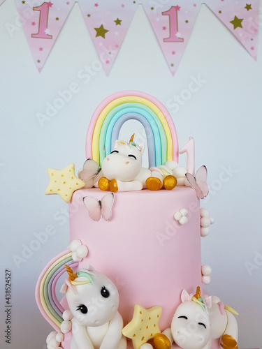Birthday cake with unicorns and rainbow