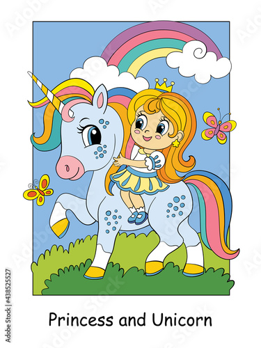 Cute little princess riding on a unicorn vector