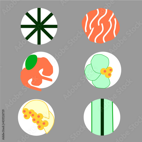 Sushi rolls with cucumber, salmon, shrimp, caviar. Vector illustration