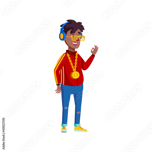 rap style boy kid listening music in headphones and gesturing ok cartoon vector. rap style boy kid listening music in headphones and gesturing ok character. isolated flat cartoon illustration