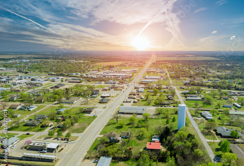 Panorama landscape scenic aerial view of a suburban settlement in a beautiful detached houses the Stroud town Oklahoma USA