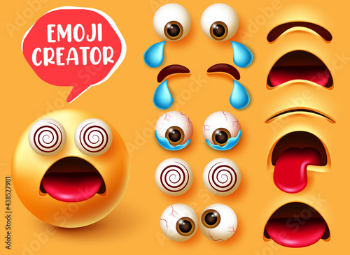 Emoji creator vector set design. Smiley 3d character in dizzy facial expression with editable face elements like eyes and mouth for emojis creation design. Vector illustration
