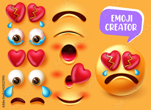Emoji creator vector set design. Smiley 3d in crying and broken heart character with editable eyes and mouth face kit elements for creation emojis facial expression. Vector illustration
