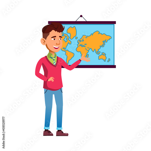 boy student answering on geography lesson cartoon vector. boy student answering on geography lesson character. isolated flat cartoon illustration