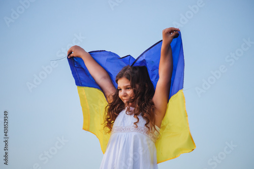 blue and yellow flag of Ukraine fluttering on the blue sky background. Fourth of July. Freedom. Independence Day. Patriotic holiday. Flag Day. Constitution day. Copy space