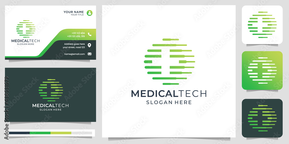 creative medical logo with technology concept. Combined line tech and plus medical in silhouette design. logo and business card template. Premium vector