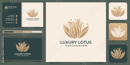 luxury lotus logo design. Abstract flower lotus concept with business card template. Premium vector