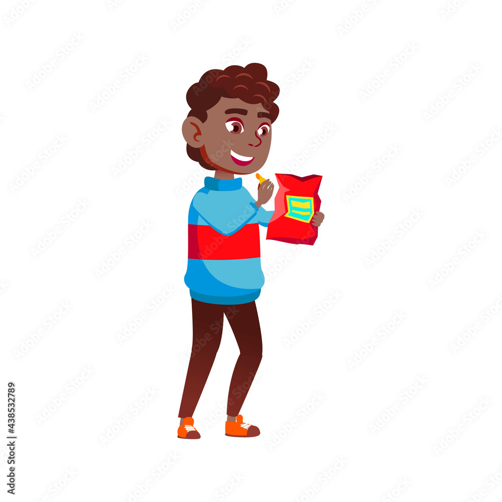 african boy child eating chips snack from package cartoon vector. african boy child eating chips snack from package character. isolated flat cartoon illustration african boy child eating chips snack from package cartoon vector. african boy child eating chips snack from package character. isolated flat cartoon illustration