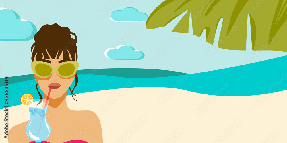 Woman on the beach with copy space. Summer Sale Banner. Summer Vacation concept Banner