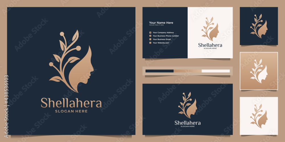 Minimalist woman's face flower with golden gradient logo and business card design. feminine design concept for beauty salon, massage, cosmetic, spa and skin care. Minimalist woman's face flower with golden gradient logo and business card design. feminine design concept for beauty salon, massage, cosmetic, spa and skin care.