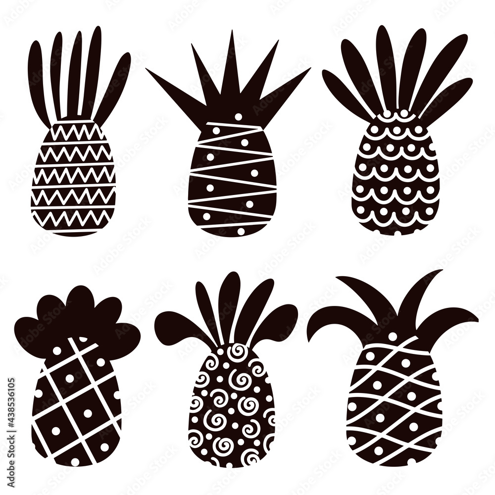 Fototapeta Vector set of pineapples. Tropical fruits with ornament. Hand drawn doodle collection, silhouette. Monochrome icons. An exotic dessert. Black and white color.
