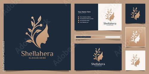 Minimalist woman's face flower with golden gradient logo and business card design. feminine design concept for beauty salon, massage, cosmetic, spa and skin care.