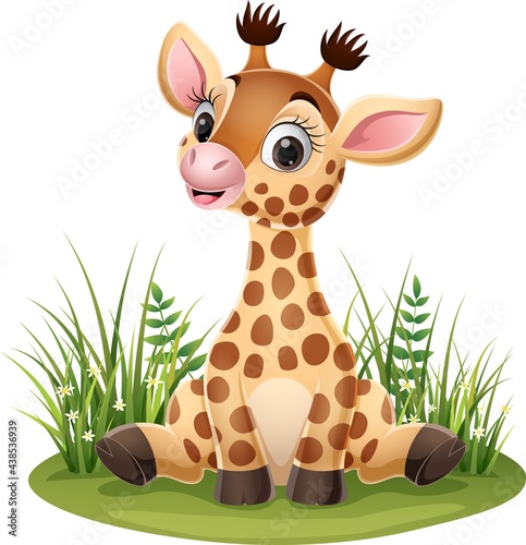 Fototapeta Naklejka Na Ścianę i Meble -  Cartoon little giraffe sitting in the grass