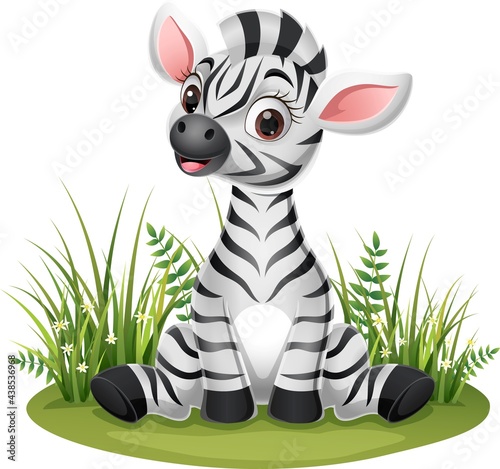 Cartoon baby zebra sitting in the grass