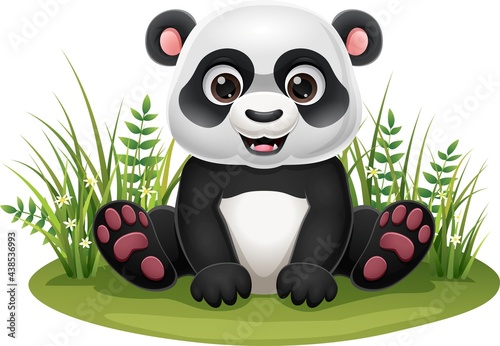 Cartoon little panda sitting in the grass