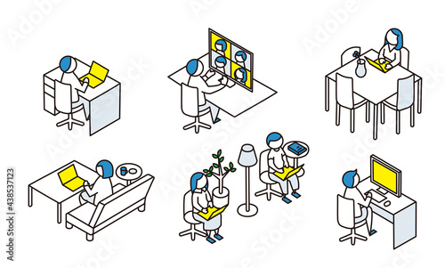 リモートワークをする人々のアイソメトリック図