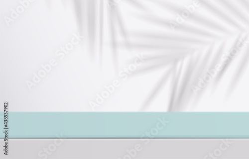 Abstract minimal scene. table top in white background with green leaves. product presentation, mock up, show cosmetic product display, Podium, stage pedestal or platform. 3d vector