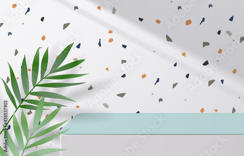 Abstract minimal scene. table top in white background with green leaves. product presentation, mock up, show cosmetic product display, Podium, stage pedestal or platform. 3d vector