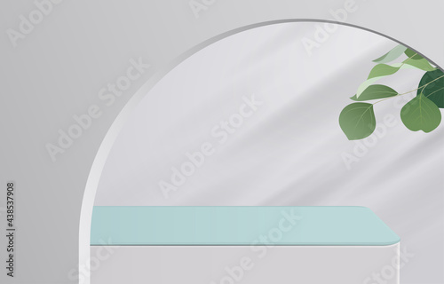 Abstract minimal scene. table top in white background with green leaves. product presentation, mock up, show cosmetic product display, Podium, stage pedestal or platform. 3d vector
