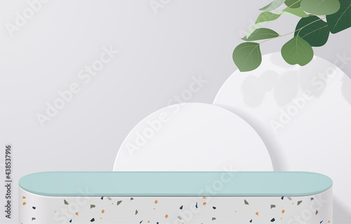 Abstract minimal scene. table top in white background with green leaves. product presentation, mock up, show cosmetic product display, Podium, stage pedestal or platform. 3d vector