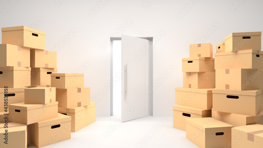 Cardboard boxes on floor in white room and open door. House moving concept. 3D Rendering Cardboard boxes on floor in white room and open door. House moving concept. 3D Rendering