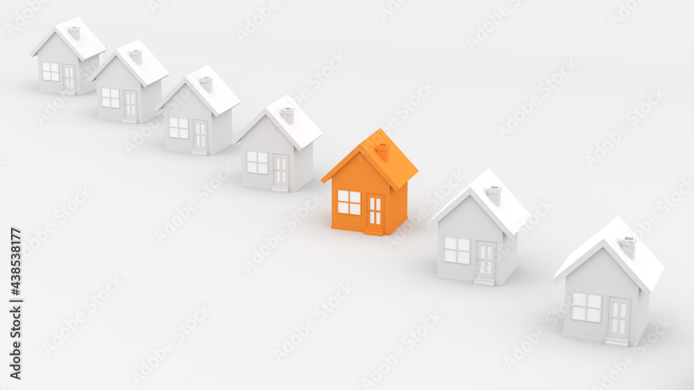 Orange house among white houses, on white background. Hunting and searching concept. 3D Rendering Orange house among white houses, on white background. Hunting and searching concept. 3D Rendering