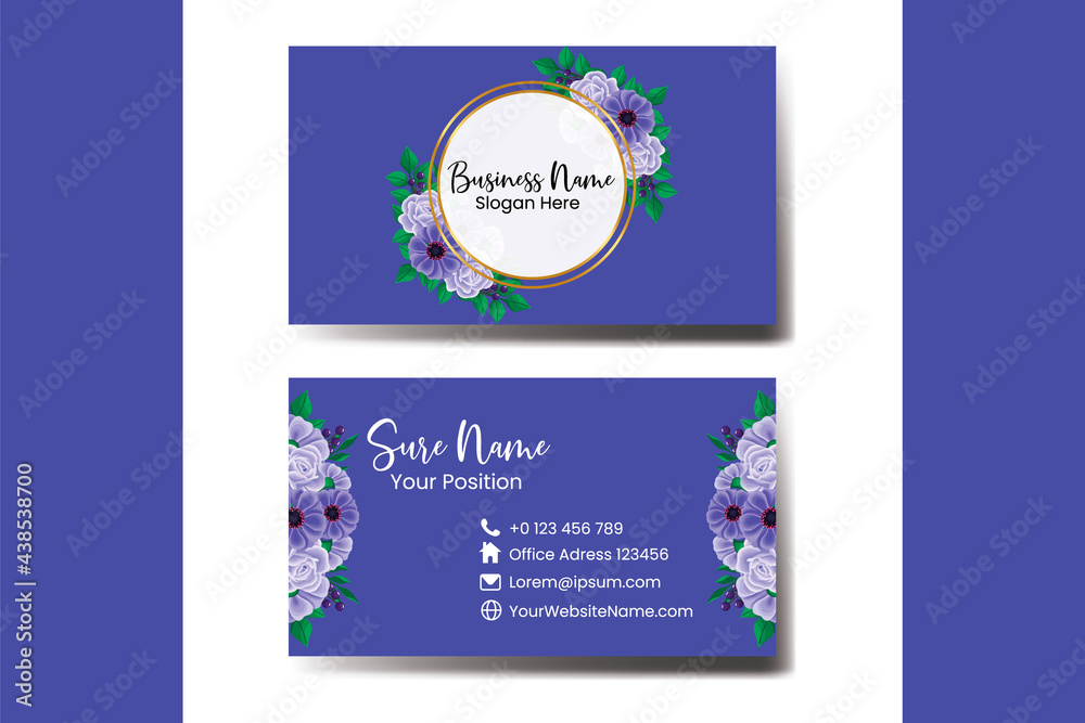 Business Card Template Zinnia and Rose Flower .Double-sided Blue Colors. Flat Design Vector Illustration. Stationery Design