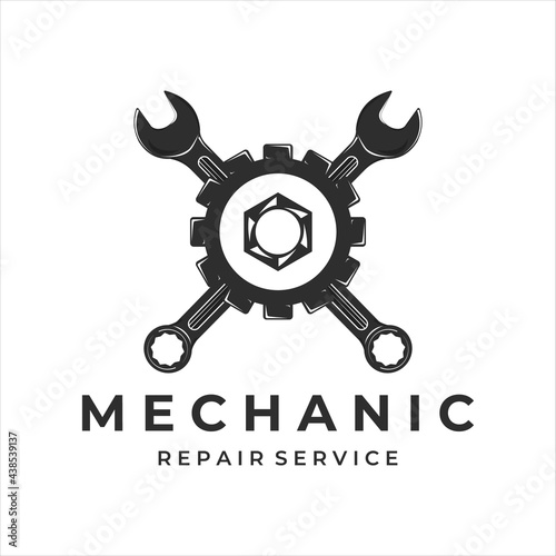 mechanic logo vintage vector illustration template icon label design. wrench gear bolt logo for professional engineer concept design