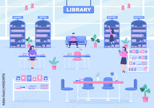 Library Contain Books On Shelf With Several People Reading, Standing, Sitting, or Walking. Flat Design Vector Illustration