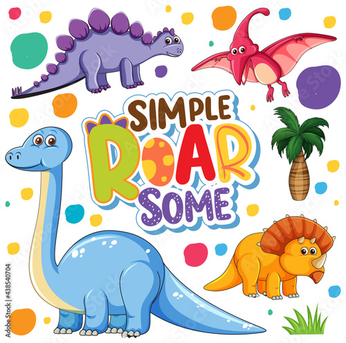 Set of isolated cute dinosaurs cartoon character with font banner