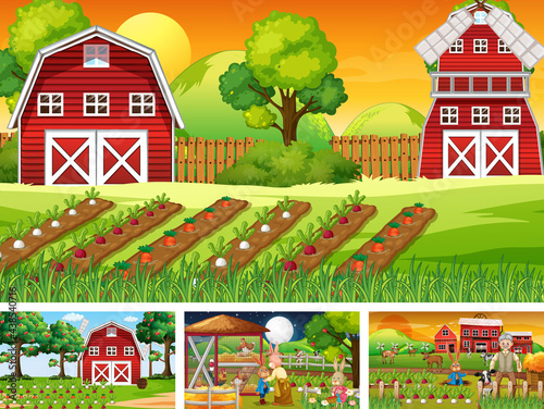 Four different farm scenes with animals
